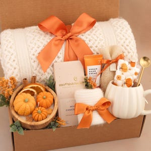 Hug in a Box, Comfort Care Package for Women, Cozy Gift Basket Orange PumpkinMarshm