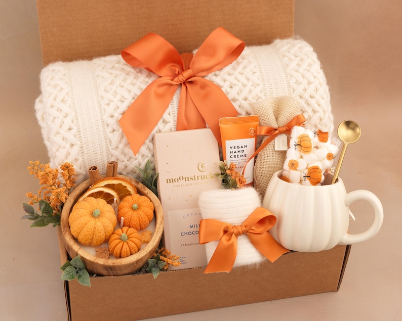 Hug in a Box, Comfort Care Package for Women, Cozy Gift Basket Orange PumpkinMarshm
