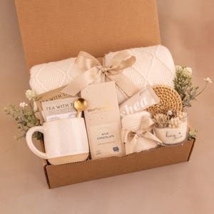 Hygge Gift Box for Her, Self Care, Birthday Get Well Candle Tea Chocolate Hug in Jar Beige