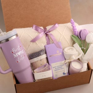 Crochet Sunflower Mothers Day Gift Box, Gift Box for Grandma, Daughter to Mother Gift, Gift Box for Mom Gift Set, Self Care Gift for Mom Purple HandleTumbler