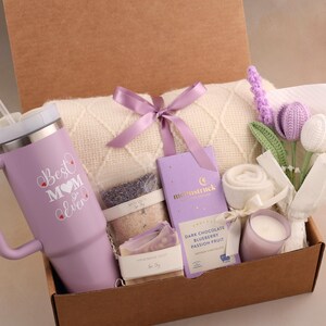 Mothers Day Gift with Flower, Cozy Gift Box for Mom, Custom Mom Gift, Gift Basket for Mom, Gift Set for Women Purple HandleTumbler