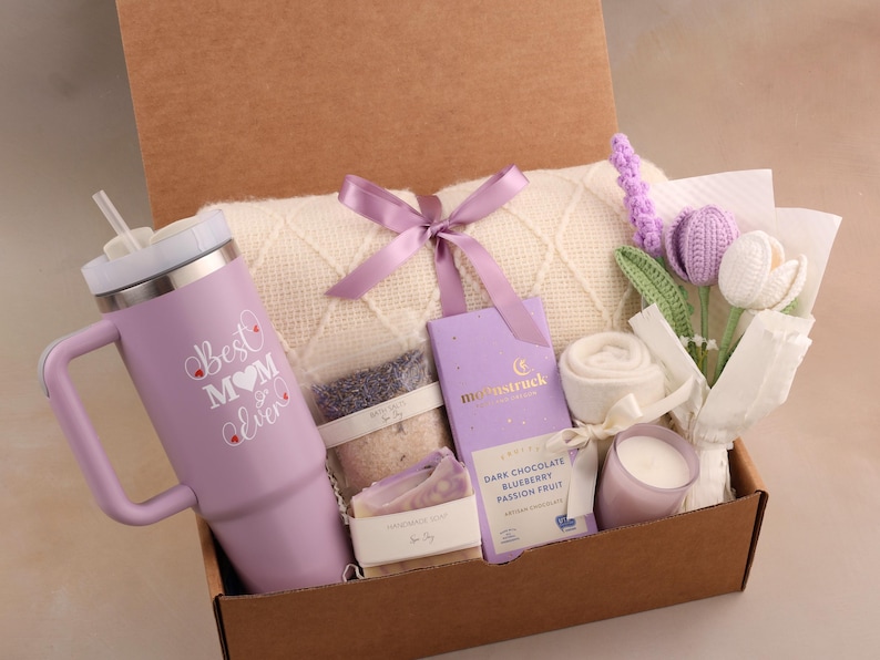 Mothers Day Gift with Flower, Cozy Gift Box for Mom, Custom Mom Gift, Gift Basket for Mom, Gift Set for Women Purple HandleTumbler
