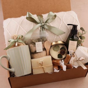 Hygge Gift Box for Her, Self Care, Birthday Get Well Candle Tea Chocolate Spa Green Mug