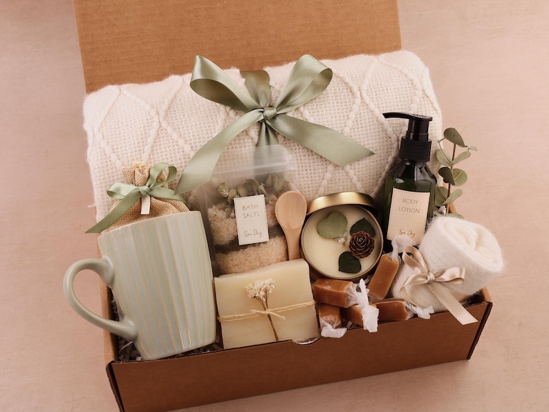 Hygge Gift Box for Her, Self Care, Birthday Get Well Candle Tea Chocolate Spa Green Mug