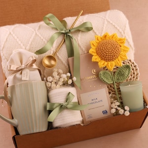 Hygge Gift Box for Her, Self Care, Birthday Get Well Candle Tea Chocolate Sunflower Blanket