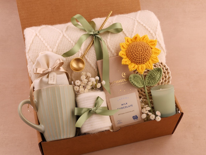 Hygge Gift Box for Her, Self Care, Birthday Get Well Candle Tea Chocolate Sunflower Blanket