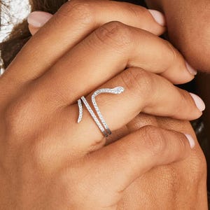 Minimalist Serpent Promise Ring, 14k Solid Gold Thin Eternity Snake Ring, White Gold Moissanite Round Promise Ring, Valentines Gift Ring