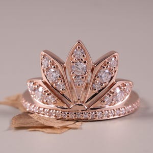 14k Solid Gold Lotus Crown Diamond Ring Set, Unique Flower Wedding Band, Art Deco Wedding Ring, Floral Petal Vintage Inspired Statement Ring