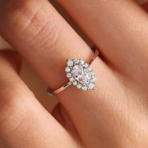 Oval Cut Halo Style Engagement Ring, 14k Rose Gold Wedding Ring, Art Deco Style Promise Ring For Her, Vintage Moissanite Bridal Ring For Her