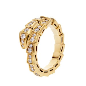Serpent Viper 14k Gold Open Ring Snake With Moissanite Stone, Yellow Gold Wedding Gift Ring, Full Eternity Bypass Ring, Valentines Day Gift