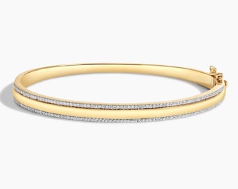 Eternity Round Moissanite Bracelet, 14k Yellow Gold Bangle Bracelet, Daily Wear Women&#39;s Bangle Bracelet, Stackable Bracelet For Wedding Gift
