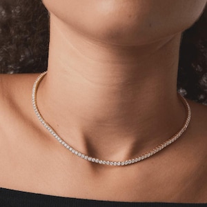 14k Solid Gold Tennis Necklace, Round Moissanite Chain Necklace, Classic Tennis Necklace For Bridal, White Gold Tennis Necklace Wedding Gift