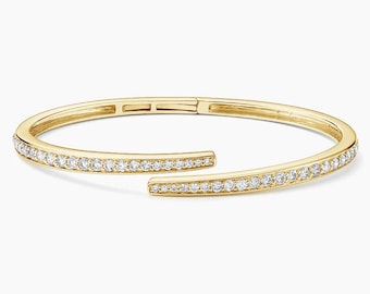 14k Yellow Gold Open Cuff Bracelet, Round Moissanite Classic Promise Bracelet, Handmade Gift For Women, Engagement Gift Stackable Bracelet