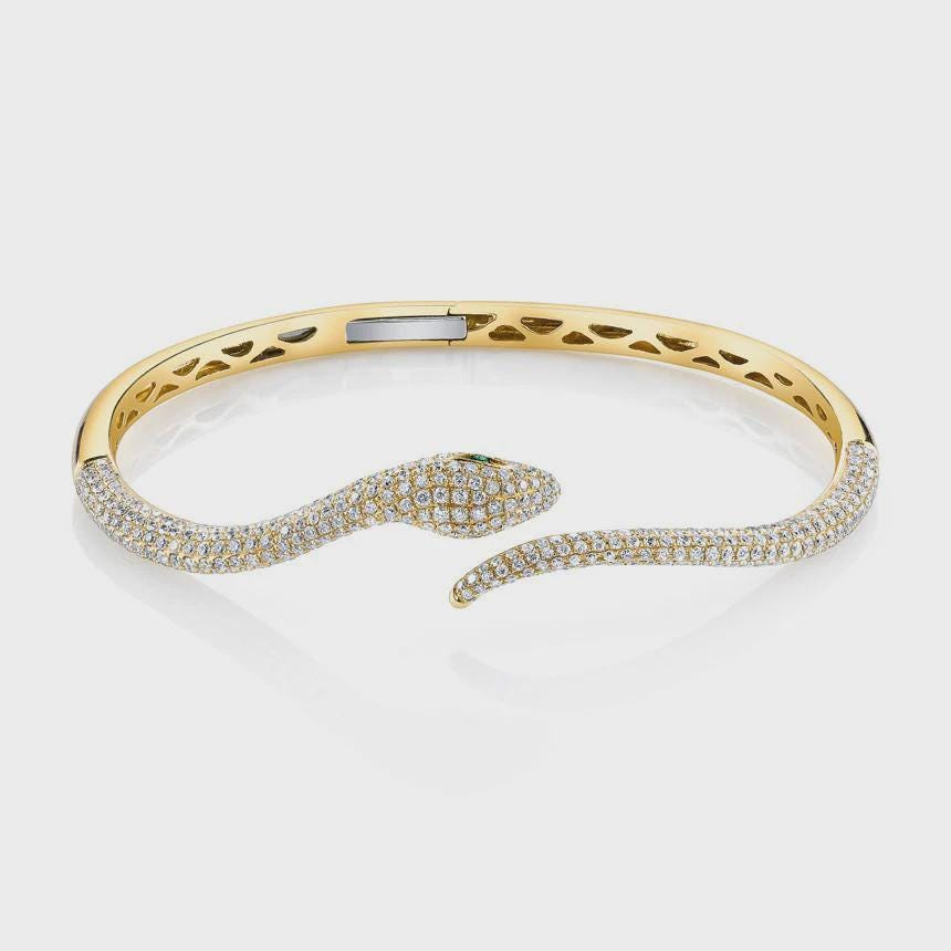 Serpent Viper Statement Bracelet, 14k Solid Gold Serpent Cuff with Emerald Eye, Animal Gothic Moissanite Round Bracelet, Open Snake Bracelet