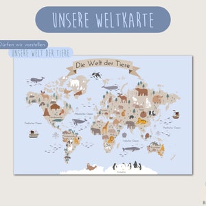 Weltkarte für Kinder mit Tieren | Welt der Tiere | Kinderweltkarte | für Kinderzimmer | deutsch | Wanddeko | Kunstdruck |