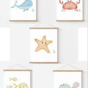 Wunderschöne Aquarell Kinderzimmer Poster / Meerestiere (Seestern Wal Krebs Schildkröte) – Kinderzimmer Dekoration, Meeresmotive, Babyzimmer