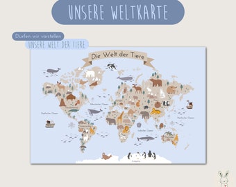 World map for children with animals | World of animals | Children's world map | for children's rooms | German | Wall decoration | Art print | Digital