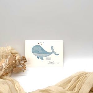 hangemalte Karte zur Geburt | auqarell gemalt  | Postkarte zur Geburt | Grußkarte | Hallo kleines Wunder | newborn | kleiner Wal