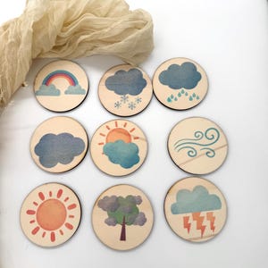 May include: Nine wooden weather-themed circles. Each circle features a different weather illustration, including a rainbow, clouds with snowflakes, rain, sun, and a tree. The illustrations are in shades of blue, orange, and green.