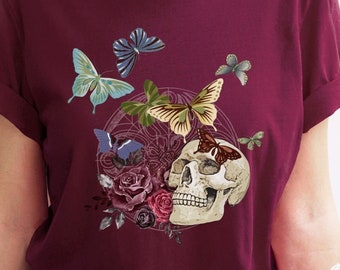 Gothic Botanical Floral Skull And Butterflies T Shirt, Dark Academia Shirt, Green Academia Shirt, Gothic Tee, Mystical Style Dark Beauty