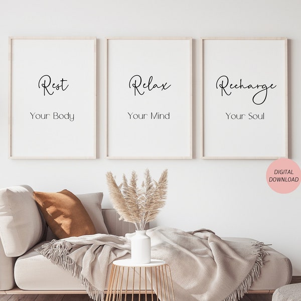 Rest Relax Recharge, Set of 3 Printable Inspirational Wall Art, Mental Health Poster, Self Care Print, Self Love Quote Print, Minimalist Art