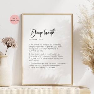 Tiefer Atem Definition Print, druckbare Kunst für Selbstfürsorge, psychische Gesundheit Poster, Bürowandkunst, Wohnung Dekor, Wohnheim Dekor