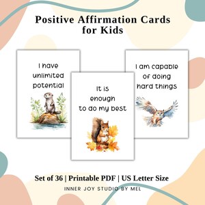 Cartes d'affirmations positives du jour pour enfants, Santé mentale, Amour de soi, Cartes flash imprimables Animaux, Notes sur la boîte à lunch, Citations motivantes