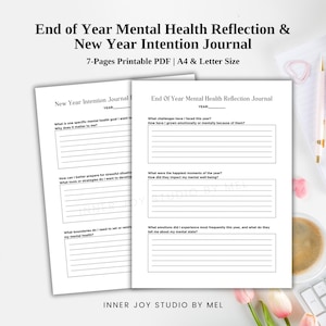 Printable End Of Year Mental Health Reflection Journal, New Year Intention for Mindfulness, Self Love Worksheet, Goal Tracker, PDF