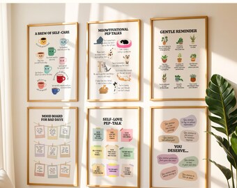 Set van 6 kunst aan de muur positieve affirmatie, zelfliefde en geestelijke gezondheid printables, inspirerend citaat, motiverende poster, therapie kantoorinrichting