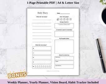 May include: A white printable PDF daily diary with the title "Daily Diary" at the top. The diary includes sections for daily reflections, energy check-in, and meal tracking. A black pen and a cup of coffee are in the background.