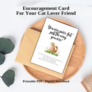 Tarjeta imprimible de ánimo con un divertido juego de palabras sobre gatos, frase de afirmación para mamás de gatos, regalo para amantes de los gatos, tarjeta de amor propio, tarjeta de apoyo para la salud mental