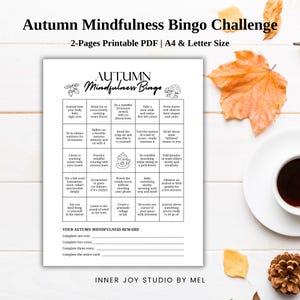 Könnte beinhalten: Druckbare Herbst-Achtsamkeits-Bingo-Challenge im PDF-Format. Die Bingo-Karte enthält verschiedene herbstliche Aktivitäten wie Tagebuch schreiben, achtsames Atmen und Naturbeobachtung. Enthält einen Belohnungsbereich. A4 und Letter.