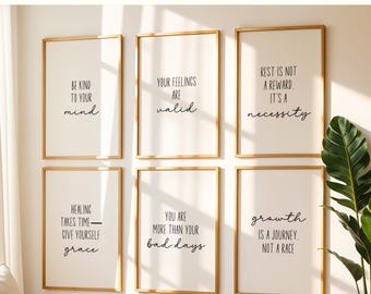 Set von 6 druckbaren Postern, Affirmation Wandkunst für Selbstliebe, Selbstfürsorge Zitat, Achtsamkeit Print, Therapie Büro Dekor