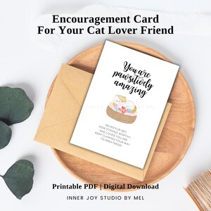 Tarjeta imprimible de ánimo con un divertido juego de palabras sobre gatos, frase de afirmación para mamás de gatos, regalo para amantes de los gatos, tarjeta de amor propio, tarjeta de apoyo para la salud mental
