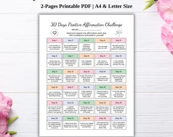 Printable 30 Day Positive Affirmation Challenge, Self Love Habit Tracker, Mental Health Worksheet, Inspirational Quote Checklist