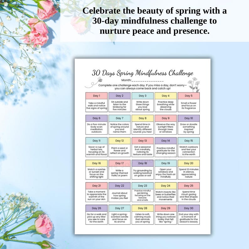 Printable 30 Day Spring Mindfulness Challenge, Self Care Activity ...