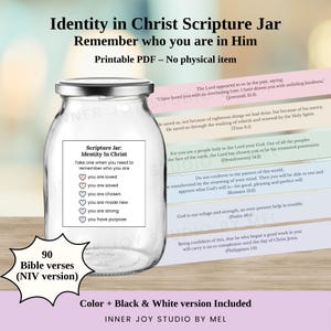 Puede incluir: Un tarro de cristal transparente con tapa plateada, etiquetado como "Identity in Christ Scripture Jar". El tarro contiene una lista de afirmaciones y versículos bíblicos. También se ve el texto "PDF imprimible - Sin artículo físico".