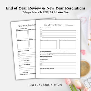 May include: Printable PDF worksheet for end of year review and new year resolutions. The worksheet includes sections for personal growth, career, health, finances, habits, memorable moments, and goals for the new year.