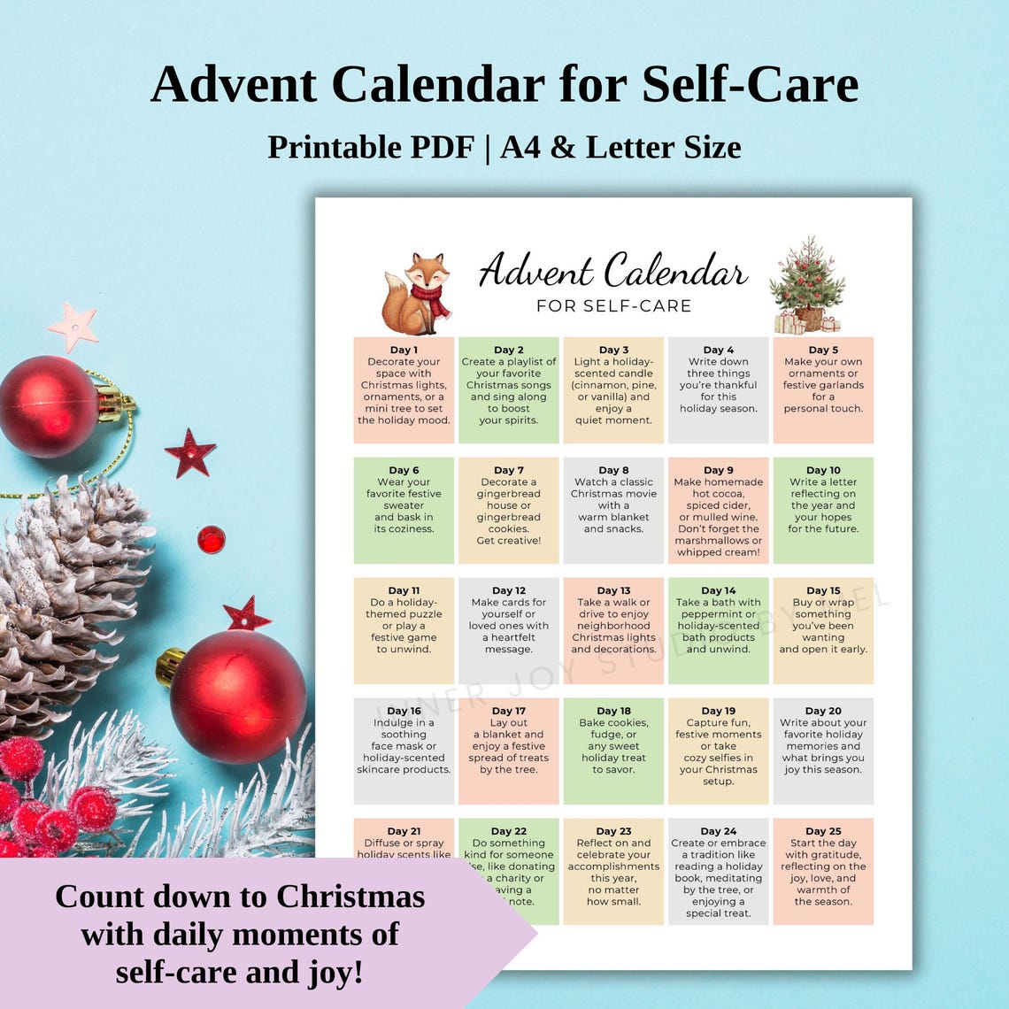 Printable Self Care Advent Calendar, Christmas Activity, Christmas