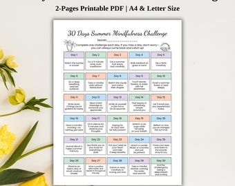 Printable 30 Day Summer Mindfulness Challenge, Mental Health Worksheet, Monthly Habit Tracker, Self Care Activity, Summer Checklist, PDF