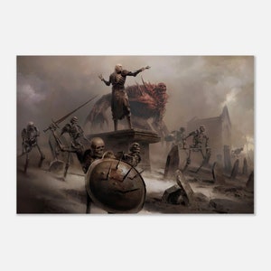 Puede incluir: Una impresión de arte digital que representa una escena de batalla fantástica. Una figura esquelética se alza sobre una estructura de piedra, gesticulando hacia una criatura monstruosa. Otros esqueletos empuñan armas, y un escudo se sostiene en primer plano. La escena se desarrolla en un paisaje brumoso y desolado.