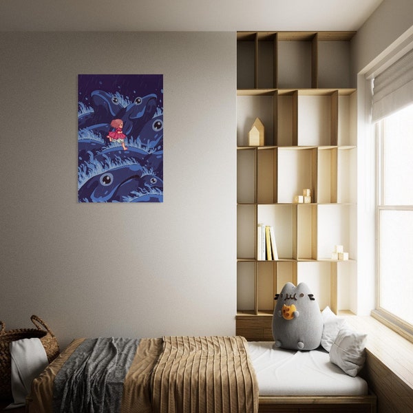 Ponyo Fish Anime Girl Poster - Hayao Miyazaki Fan Gift, Japanese Old Animation Lover, Dark Room Decor Blue, Over Tv Above Bed Vertical Print