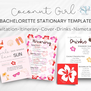 May include: A printable bachelorette party stationery template with a pink and white tropical theme. The template includes an invitation, itinerary, cover, drinks list, and name tags. The text on the invitation reads "girls just wanna have SUN".