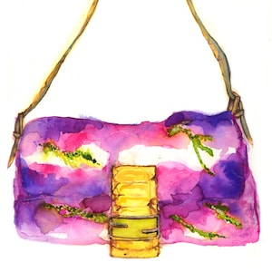 Illustrazione di borsa Fendi Baguette con perline e tintura tie-dye. Stampa giclée in edizione limitata di un'illustrazione originale disegnata a mano. Formato A4 senza cornice.
