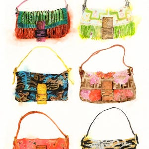 Fine Art Giclée Druck einer original Aquarell Modeillustration von sechs Fendi Baguette Taschen von Modeillustratorin Tracey Smith