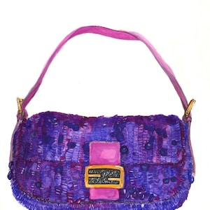 Purple Sequin Fendi Bag Illustration. Fine Art Limited Edition Giclee Print of an original hand drawn illustration A4 Unframed.
