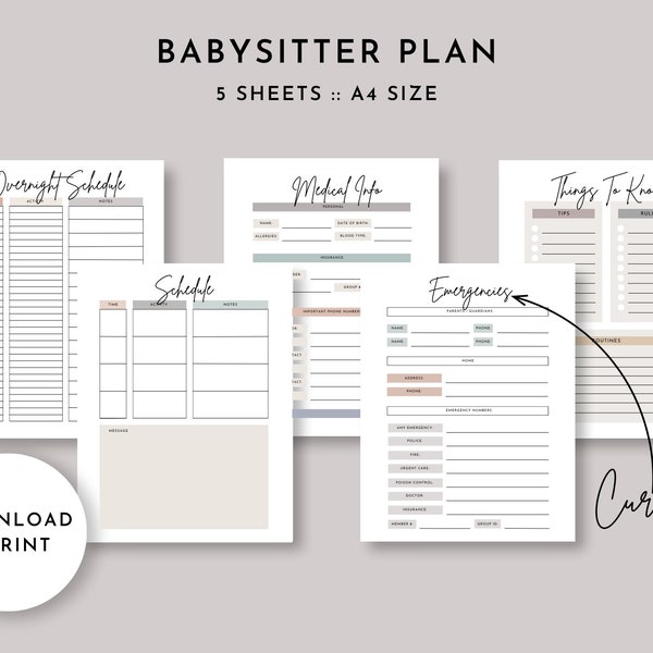 Babysitter Plan (Cursive), Childcare Plan, Overnight Childcare Schedule, In Case of Emergencies, Medical Info Sheet, Digital Download