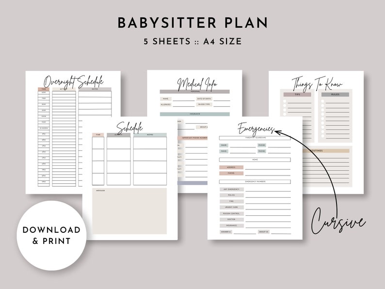 Babysitter Plan cursive, Childcare Plan, Overnight Childcare Schedule
