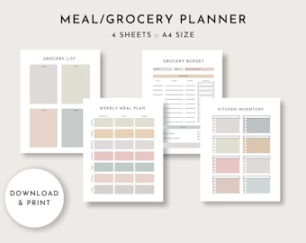 Meal/Grocery Planner (Block Letters), Weekly Meal Plan, Grocery Shopping List, Grocery Inventory, Grocery Budget, Digital Download