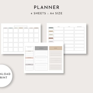 May include: Printable planner with four sheets in A4 size. The planner includes a monthly calendar, a daily schedule, and a notes section. The pages are white with black lines and grey, brown, and beige accents.